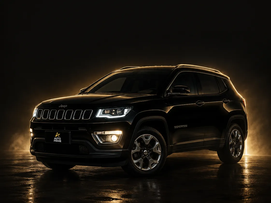 Jeep Compass preto de frente, em estúdio escuro com iluminação dourada