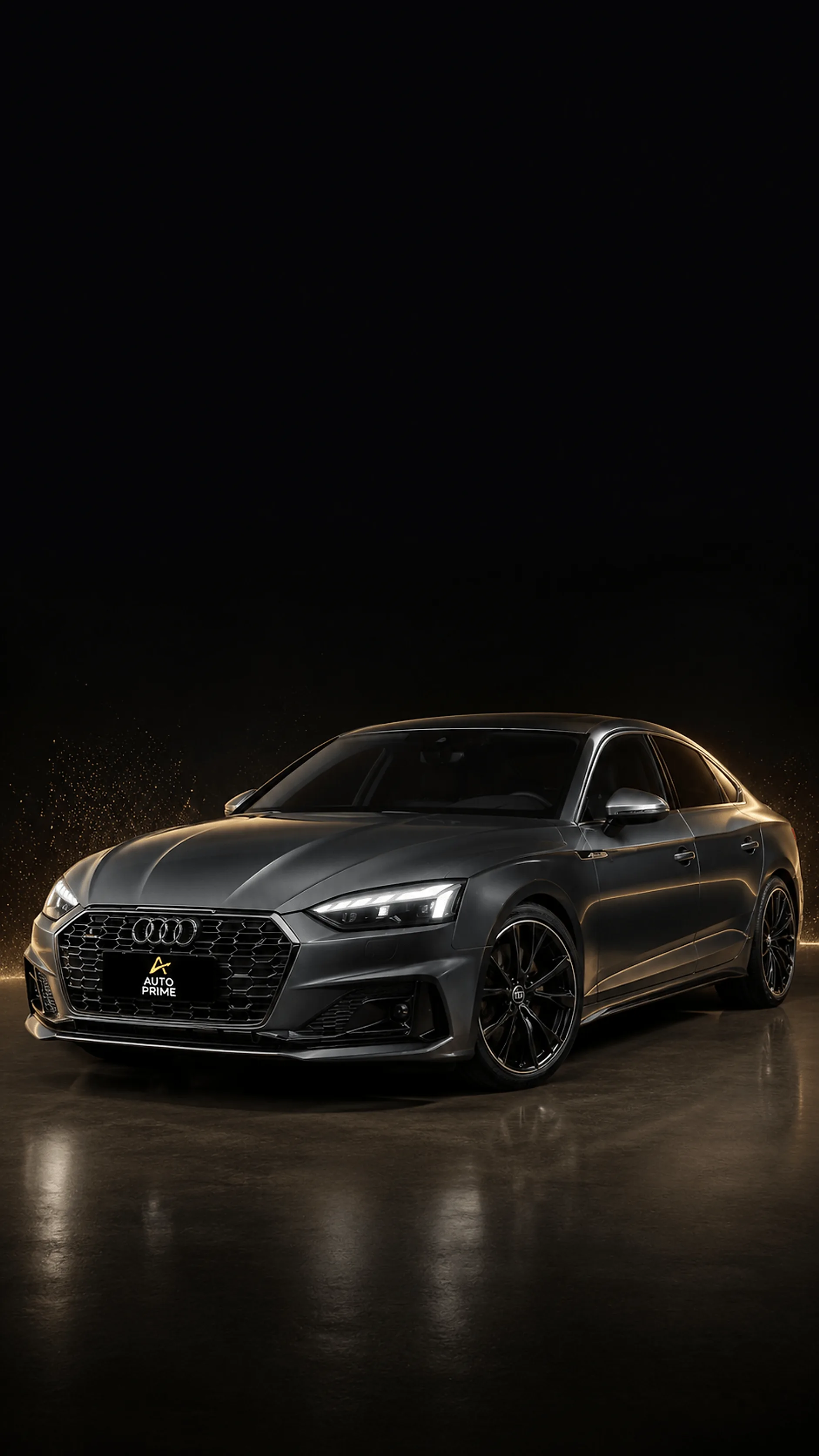 Audi A5 Sportback cinza grafite em estúdio escuro com iluminação dourada