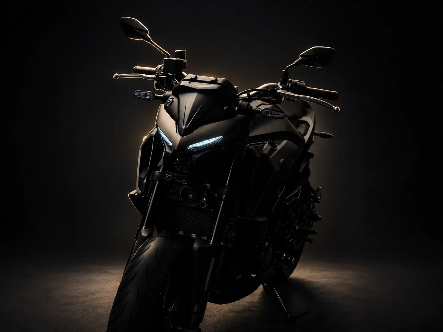 Moto Yamaha MT-03 preta de frente, em estúdio escuro com iluminação dourada
